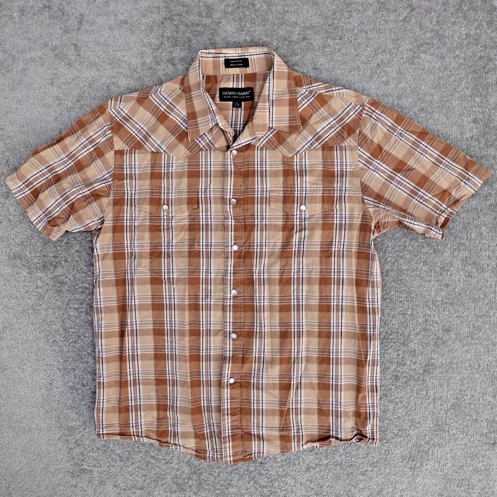 Luciano Baroni Shirt Men Large Brown Plaid Pearl Snap Short Sleeve Cotton Casual